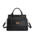 Schwarze quadratische Handtasche mit weißen Kontrastnähten und goldenem Drehverschluss - Schwarz