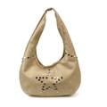 Borsa hobo beige in ecopelle con rivetti argentati a forma di stella e tracolla ampia - Bianco Sporco