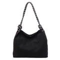 Large black corduroy tote bag featuring checkered woven rope handles and silver metal rings - Black