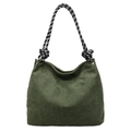 Dark green corduroy tote bag with stylish black and white checkered rope handles - Green