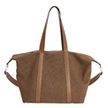 Brown canvas patchwork tote bag with leather handles and adjustable shoulder strap - Brown