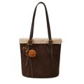 Brown faux suede bucket bag with cream fleece trim and vintage charm keychain - No Pendant / Coffee