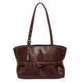 Minimalist deep brown leather tote bag with vintage texture and silver buckle detail - Brown