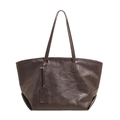 Minimalist large capacity dark brown tote bag in soft leather with long shoulder straps - Brown