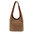 Bolso de hombro en cuero marrón con adornos de perlas blancas y asa elegante - Marrón