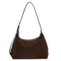 Minimalist vintage dark brown suede hobo shoulder bag with silver buckle and zipper - Brown