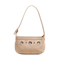 Retro khaki suede underarm bag with silver rings and adjustable strap on white background - Beige Grey