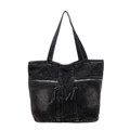 Grande borsa tote retrò in denim nero con cerniere metalliche e lunghe cinghie decorative - Nero