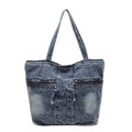 Borsa tote in denim lavato blu vintage con doppie tasche con zip e spallacci casual - Blu Denim