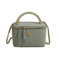 Minimalist green woven mini box bag with golden metal handle and floral emblem accent - Large / Green