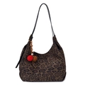 Vintage-Tragetasche mit Leopardenmuster in Braun und dekorativem roten Pelzanhänger - Mit Anhänger / Braun