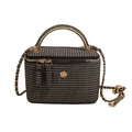 Gray houndstooth quilted box bag with gold floral logo and round metal handle - Large / Black