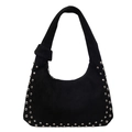 Borsa hobo in pelle scamosciata nera con borchie in metallo argentato e stile punk retrò - Nero