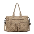 Khaki quilted large capacity tote bag with adjustable shoulder strap and zip pockets - Khaki