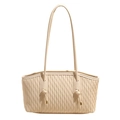 Minimalist cream tote bag with wave pleated texture and elegant knot strap detail - Off White