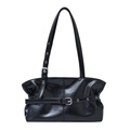 Borsa a spalla in pelle cerata nera lucida con fibbia argento e dettagli con occhielli - Nero