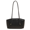 Minimalist black tote bag with vertical wavy texture and gold accents for women - Black