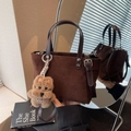 Retro dark brown suede tote bag with smooth leather handles and plush dog charm accessory - Coffee with Pendant