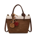 Brown suede winter bucket bag with cream shearling trim and plush ball charm - With Charm / Coffee Brown