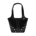 Retro black patent leather shoulder bag with punk silver studs and wide handle - Black