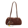 Dark coffee suede shoulder bag with trendy charms and long straps for daily commute - Brown