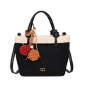 Winter black suede bucket bag with white fleece trim and colorful faux fur charms - With Charm / Black
