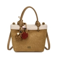 Brown suede tote bag with white faux shearling trim and plush ball charm accessory - With Charm / Tan