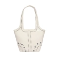 Chic cream studded tote bag with silver rivets and punk style shoulder strap - White