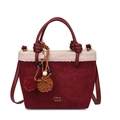 Burgundy suede shoulder bag with white faux shearling trim and plush pom-pom charm - With Charm / Red