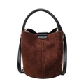 Vintage dark brown suede bucket bag with black leather handles and crossbody strap - Coffee
