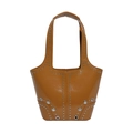 Retro brown rivet shoulder bag with silver stud decoration and glossy finish - Brown