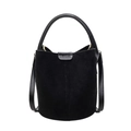Retro black faux suede bucket bag with stitched leather details and shoulder strap - Black