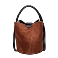 Brown suede bucket bag with leather handles and decorative silk scarf for women - Brown