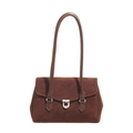 Primer plano de bolso tote de ante marrón con cierre giratorio plateado y diseño retro - café