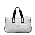 Quilted white large capacity travel tote bag with black handles and floral embroidery - Off White