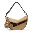 Khaki faux suede half-moon tote bag with brown trim and cute plush puppy keychain charm - With Pendant / Khaki