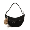 Black crescent shoulder bag with a stylish leopard accent and plush bear charm - With Pendant / Black