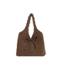 Retro dark brown knit tote bag featuring an elegant bow and textured cable knit handle - Brown