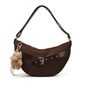 Dark brown faux suede crescent shoulder bag with silver buckle and plush bear charm - With Pendant / Brown