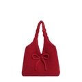 Red knit tote bag with bow detail and twisted braided handles for casual autumn style - Red