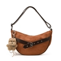 Caramel brown crescent moon bag in matte suede with a plush bear charm accessory - With Pendant / Brown