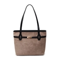 Khaki Wildleder Shopper mit schwarzen Lederriemen und goldenem Drehverschluss Detail - Khaki