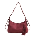 Deep red suede crescent bag with hanging tassels and silver studded wide shoulder strap - Red