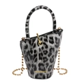 Mini leopard print bucket bag with glossy finish and golden bead chain strap - Leopard Print Black
