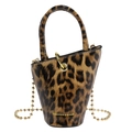Mini leopard print bucket bag with glossy finish and golden beaded chain strap - Leopard Brown