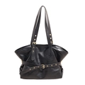 Große schwarze Vintage-Leder-Einkaufstasche mit goldenen Schnallen und schmalen Trägern - Schwarz
