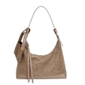 Sac hobo en daim marron avec pampille à franges et bordure en cuir lisse - Kaki