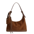 Minimalistische braune Wildleder-Hobo-Tasche mit Mini-Geldbörse und Schultergurt - Braun
