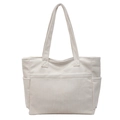 Bolso tote de pana en beige con dos bolsillos frontales y textura de rayas - Blanco Roto