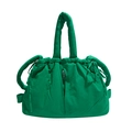 Green puffy nylon tote bag with drawstring closure and vertical front zipper pocket - Dark Green